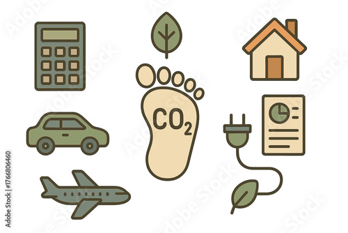 Set of carbon footprint calculation icons showing house, car, airplane, and energy consumption symbols