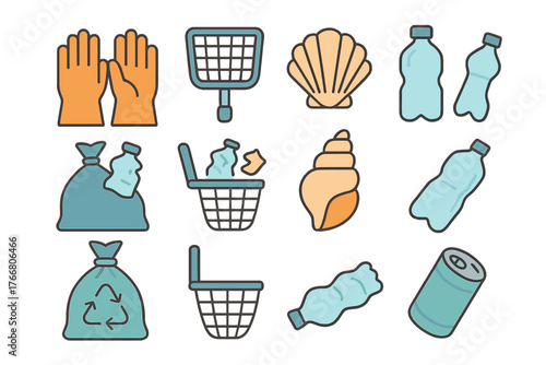 Icons of beach cleanup, marine pollution, plastic waste, and recycling symbols