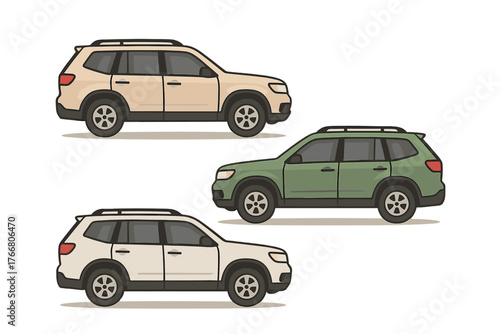 Three modern crossover utility vehicles in beige, green, and white colors