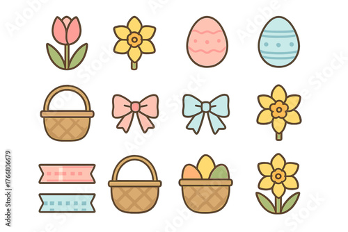 Cute spring and Easter holiday elements including flowers, decorated eggs, and baskets