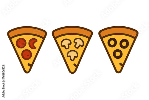 Stylized set of three pizza slices with pepperoni, mushroom, and olive toppings