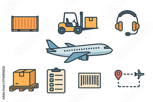 Shipping and logistics symbols showing container, forklift, airplane, barcode, and delivery route