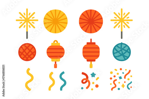 Festive celebration elements collection with lanterns, sparklers, confetti, and decorative spheres