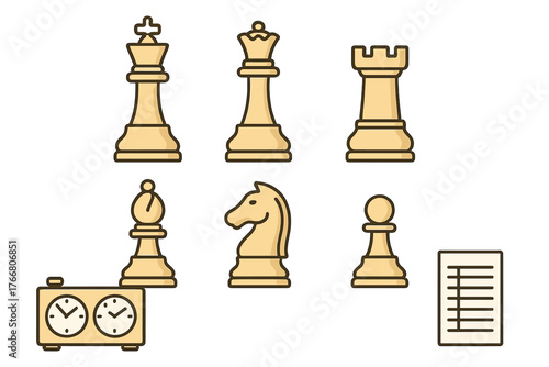 Set of white chess pieces King Queen Rook Bishop Knight Pawn with clock and score sheet icons