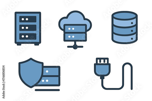 Blue technology icons for cloud computing data storage network security and server infrastructure