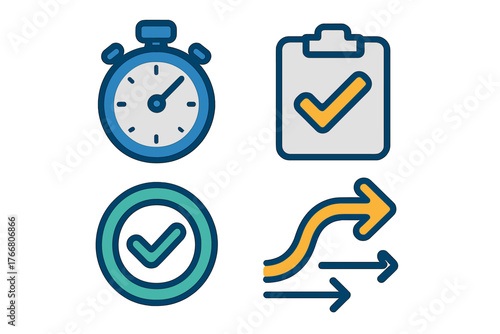 Stopwatch checklist verification and progress arrows icon set for workflow optimization
