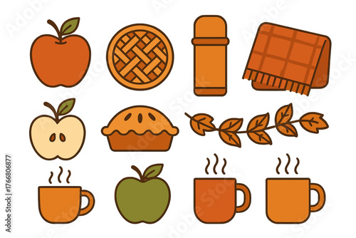 Cozy autumn harvest featuring apples, baked pies, hot drinks, thermos, and warm plaid blanket