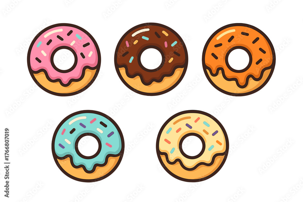 Obraz premium Five sweet ring donuts with colorful icing and sprinkles set against a clean white background