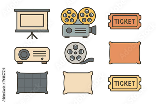 Collection of flat movie and cinema icons featuring projector screen, film camera, tickets, and film reels