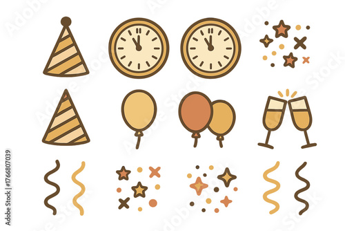 Set of festive elements for New Year celebration including party hats clocks and champagne