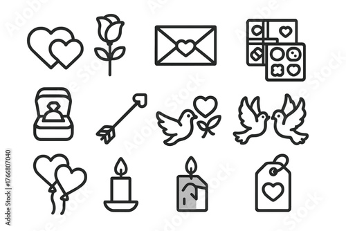 Outline icons collection featuring hearts, doves, engagement ring, and romantic symbols