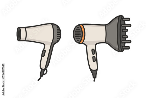 Two modern hair dryers, one with a diffuser attachment, for styling and drying hair