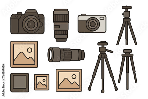 Professional photography equipment icons including cameras, telephoto lenses, and tripods