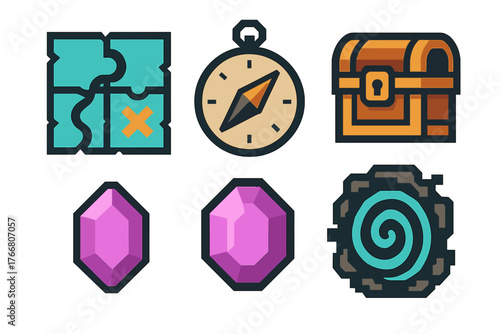 Adventure game icon set featuring treasure map, navigation compass, wooden chest, and magic gems