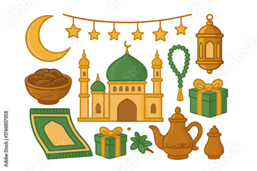 Traditional Muslim holiday objects featuring mosque, prayer rug, dates, crescent moon, and golden lantern