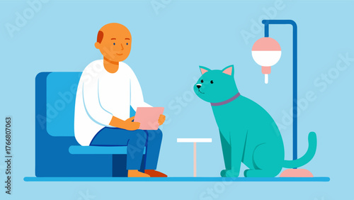 A cancer patient receiving chemotherapy sitting next to a therapy cat experiencing lower levels of anxiety and stress while going through treatment.. Vector illustration