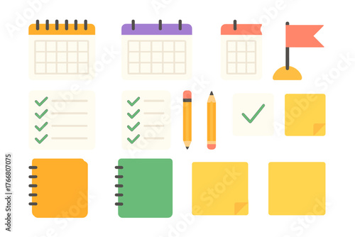 Planning and scheduling icons featuring calendars, to-do lists, notebooks, pencils, and sticky notes