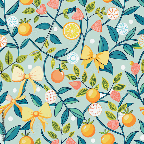 Seamless pattern of citrus fruits, green leaves, and decorative bows on a light blue background.