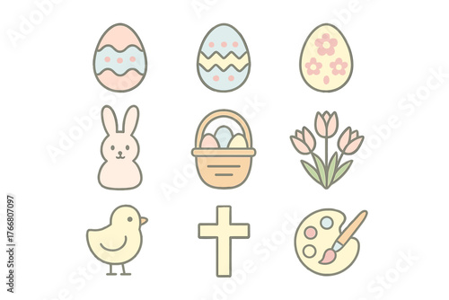 Pastel Easter icons set featuring decorated eggs, bunny, chick, cross, and tulips