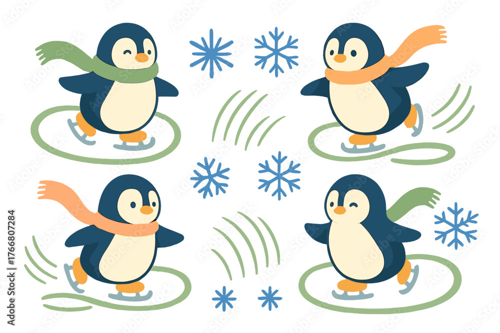 Fototapeta premium Four happy penguins wearing colorful scarves ice skating on a winter rink