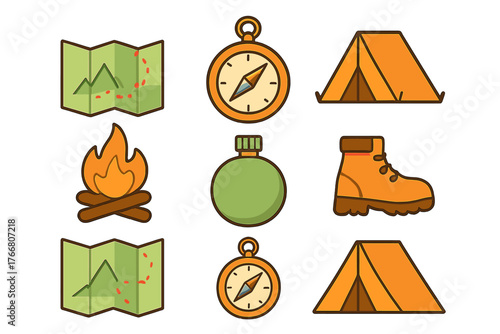 Essential outdoor adventure and camping gear featuring map compass tent campfire and boot