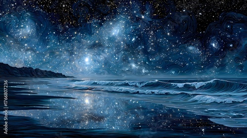 Abstract Beautiful fantasy seascape showing calm ocean waves reflecting a star-filled galaxy sky.