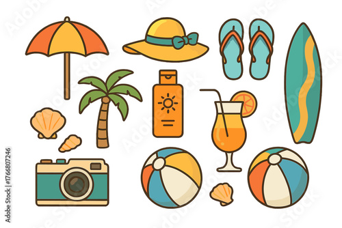 Collection of essential items for a tropical beach holiday including umbrella camera and cocktail drink