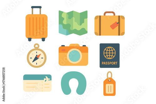Essential travel and vacation items collection including luggage, map, camera, passport, and boarding pass