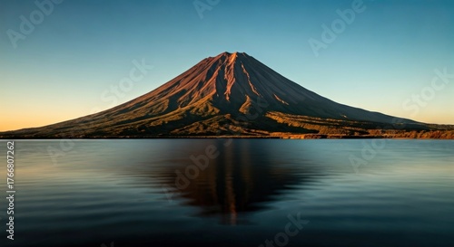 A symmetrical mountain rises above calm lake, reflecting in the serene water under a blue sky