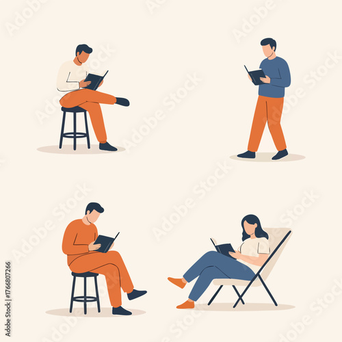 Flat vector illustration set of four people men and a woman reading books in different positions.