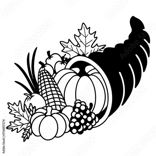 Line art of a Thanksgiving cornucopia overflowing with pumpkins, corn, grapes, and autumn leaves, clean white background