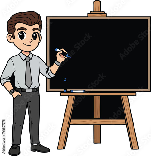 Friendly male cartoon teacher in professional attire writing on a blank blackboard on a wooden easel.