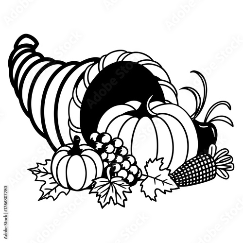 Line art of a Thanksgiving cornucopia overflowing with pumpkins, corn, grapes, and autumn leaves, clean white background