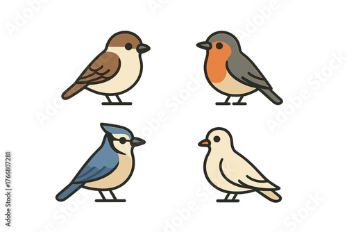 Cute stylized collection of four different small songbirds on a white background