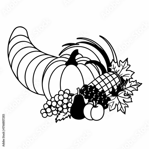 Line art of a Thanksgiving cornucopia overflowing with pumpkins, corn, grapes, and autumn leaves, clean white background