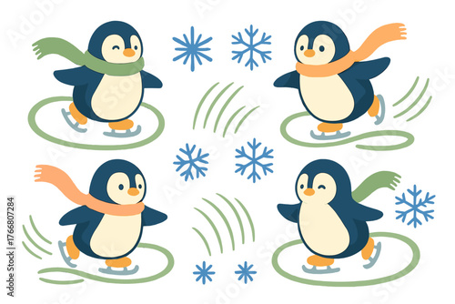 Four happy penguins wearing colorful scarves ice skating on a winter rink