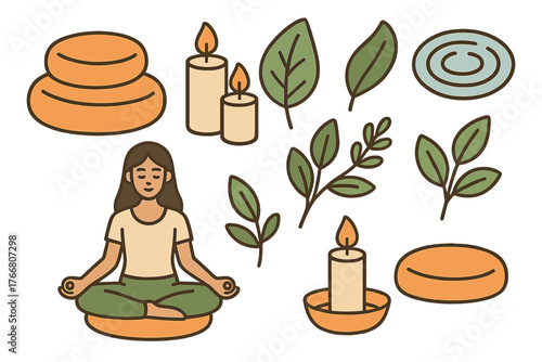 Set of wellness and spa icons with meditating woman, stones, candles, and leaves
