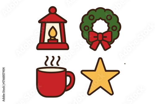 Festive winter symbols: holiday wreath, glowing lantern, steaming mug, and golden star