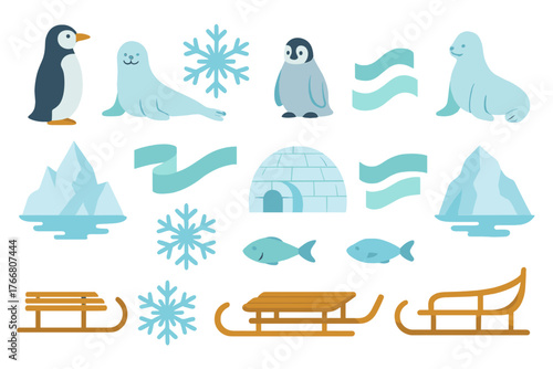 Collection of polar animals and winter elements including penguins, seals, igloos, icebergs, and sleds