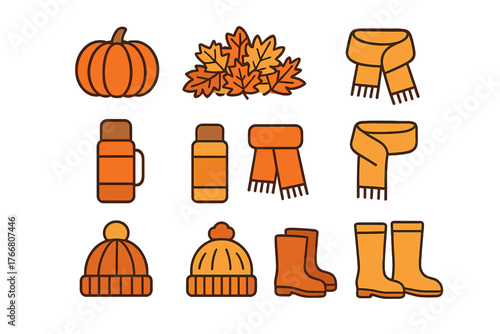Autumn and cold weather essentials featuring pumpkin, leaves, scarves, hats, and boots