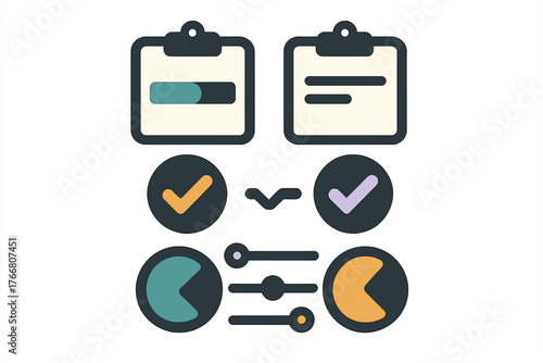 Essential user interface icons set featuring clipboards progress bars checkmarks pie charts and sliders