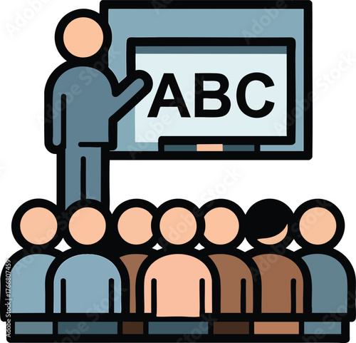 Icon of a teacher instructing students in a classroom with an ABC whiteboard.