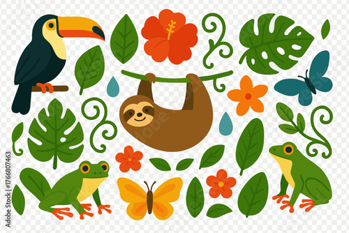 Cute rainforest animals collection with sloth, toucan, and frog among tropical foliage