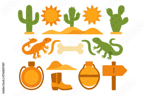 Stylized set of desert and wild west icons featuring cacti, suns, lizards, and travel items