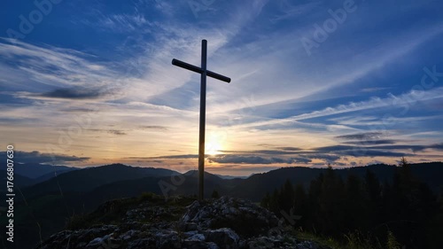 aerial, sport Sunrise over mountain with cross, Imagery of sunrise over mountain