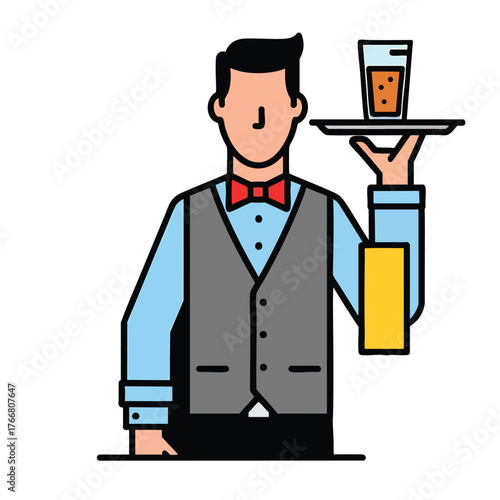Professional waiter in a vest and bow tie holding a tray with a drink a flat design vector illustration.