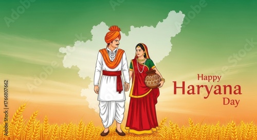 A couple in traditional haryana attire, a man in a turban and white kurta, and a woman in a red sari, stand in a wheat field celebrating happy haryana day