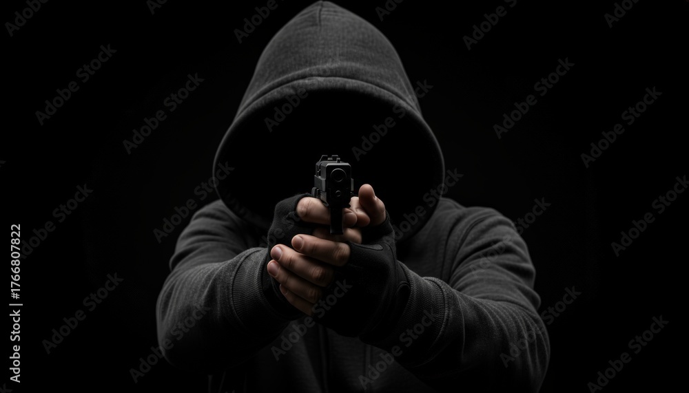 Fototapeta premium Hooded person in dark clothing aiming a handgun directly at the viewer, symbolizing concepts of crime, danger, violence, and threat against a stark black background