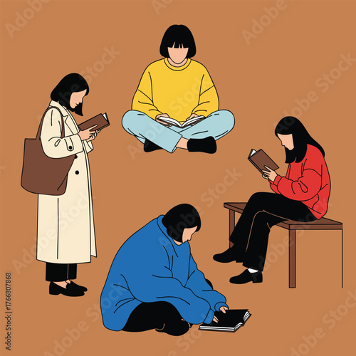 Set of four minimalist illustrations of a person reading books in different poses and outfits.