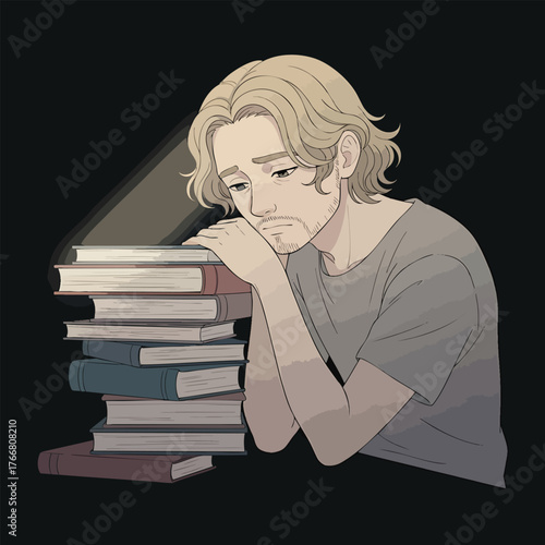Stressed young man with wavy blond hair looking exhausted by a large stack of books.
